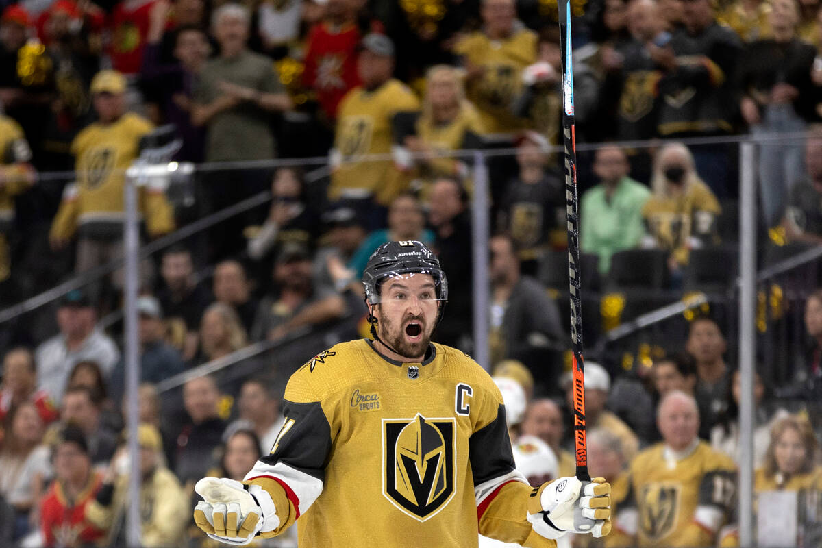 Golden Knights right wing Mark Stone (61) reacts to a referee’s call during the third pe ...