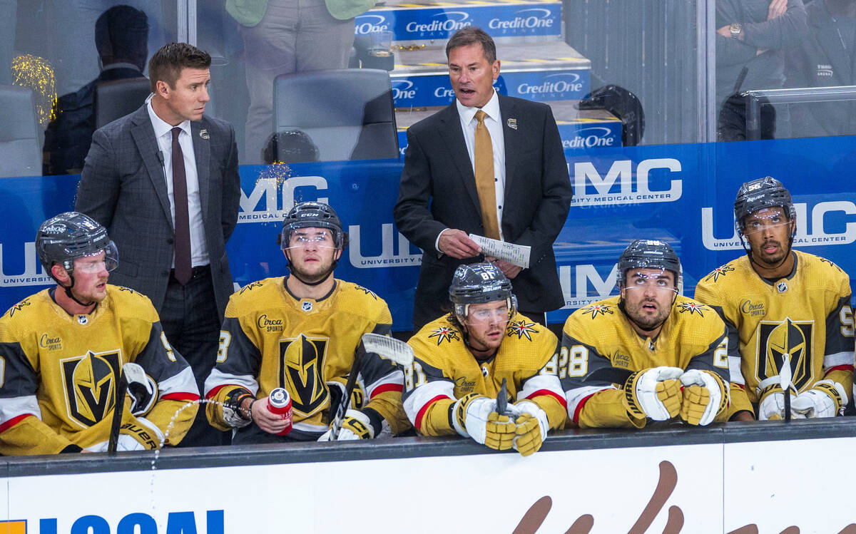 Golden Knights Head Coach Bruce Cassidy argues a late call versus the Chicago Blackhawks during ...