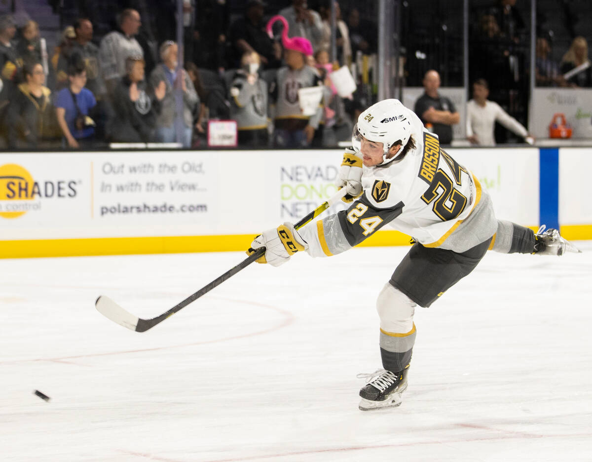 Silver Knights forward Brendan Brisson (24) warms up before the start of an AHL hockey game aga ...