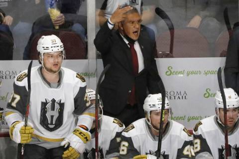 Henderson Silver Knights head coach Manny Viveiros gestures during the first period of a hockey ...