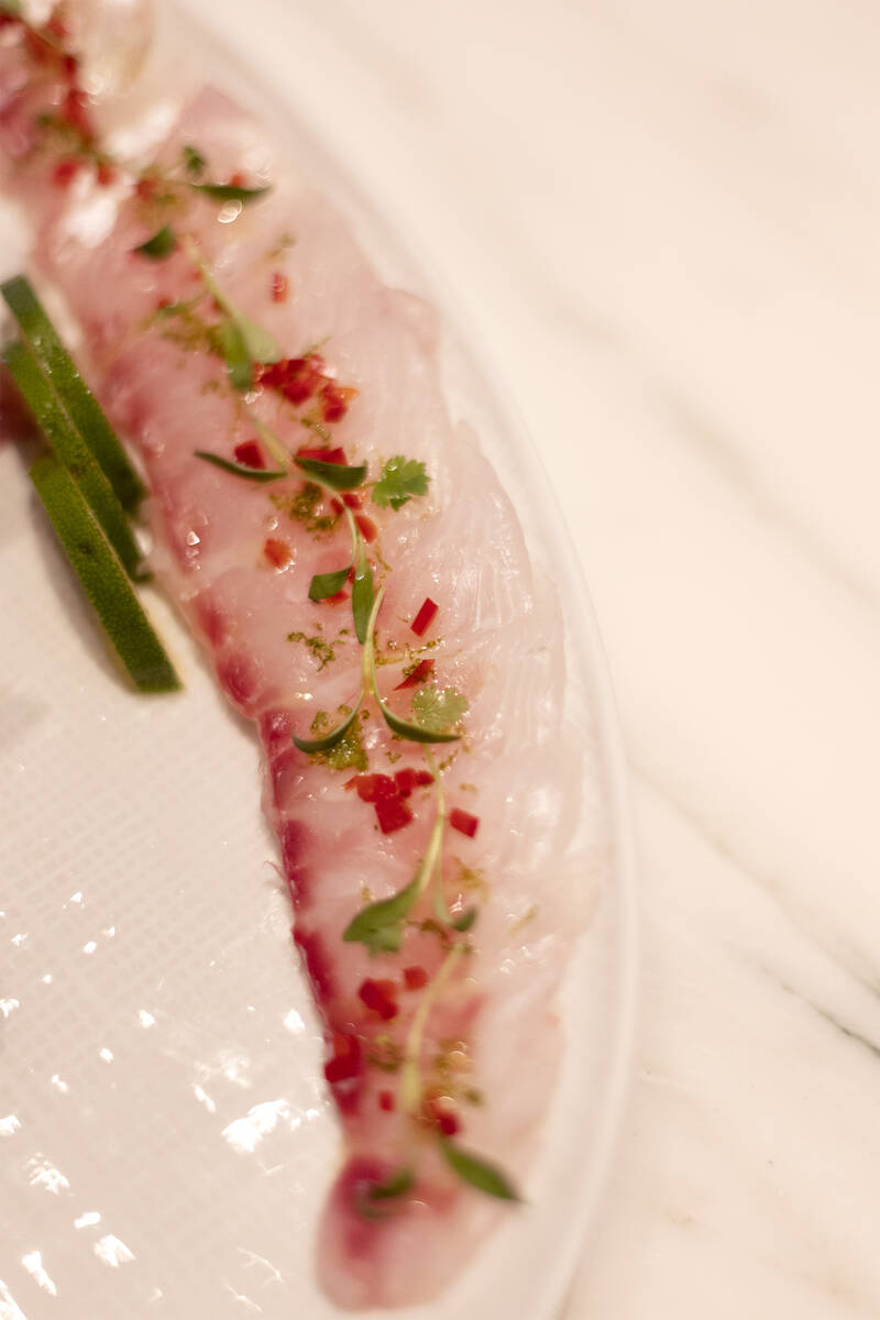 A sashimi made of fagri, a rare fish on U.S. menus, at Estiatorio Milos in The Venetian on Frid ...