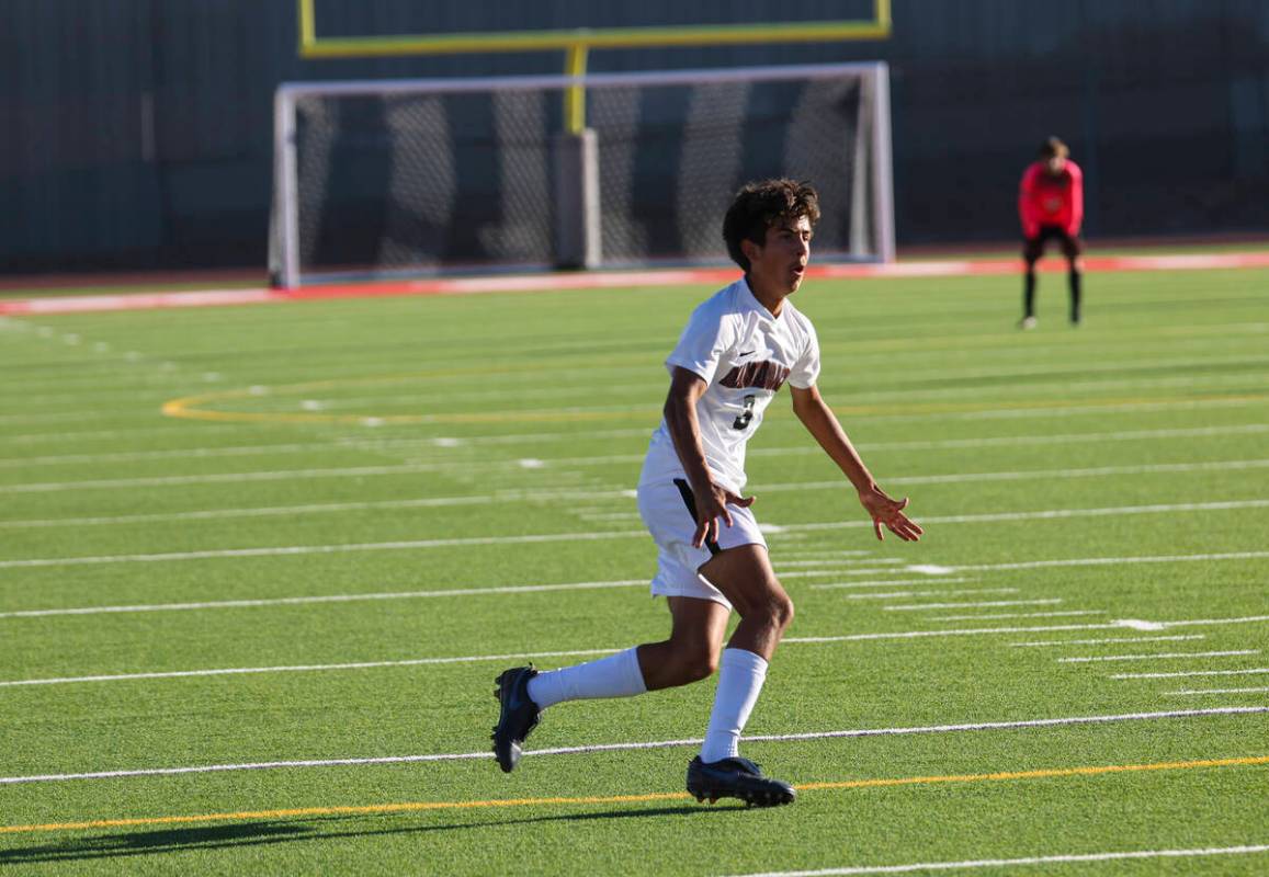 Desert Oasis' Lazzar Ramos (3) celebrates after scoring against Western during a soccer game at ...