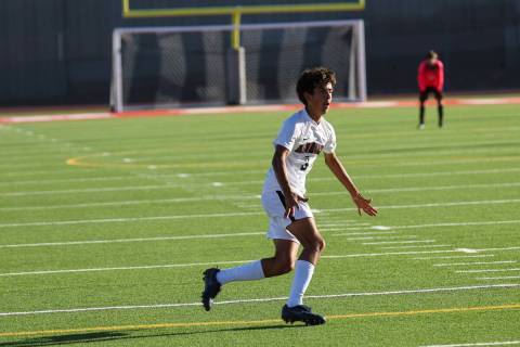 Desert Oasis' Lazzar Ramos (3) celebrates after scoring against Western during a soccer game at ...