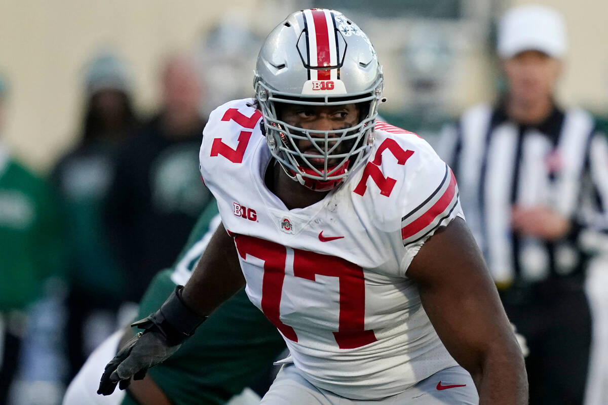Ohio State offensive lineman Paris Johnson Jr. plays during the second half of an NCAA college ...