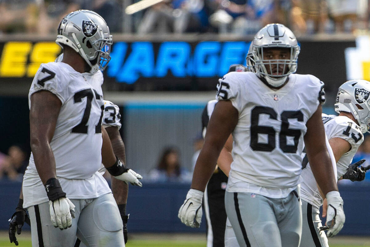 Raiders offensive line sets up, from left, Thayer Munford Jr. (77), Dylan Parham (66), Andre Ja ...