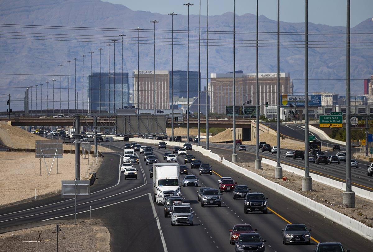 Traffic is backed up as motorists travel southbound on Interstate 15 in Las Vegas on Monday, Ma ...