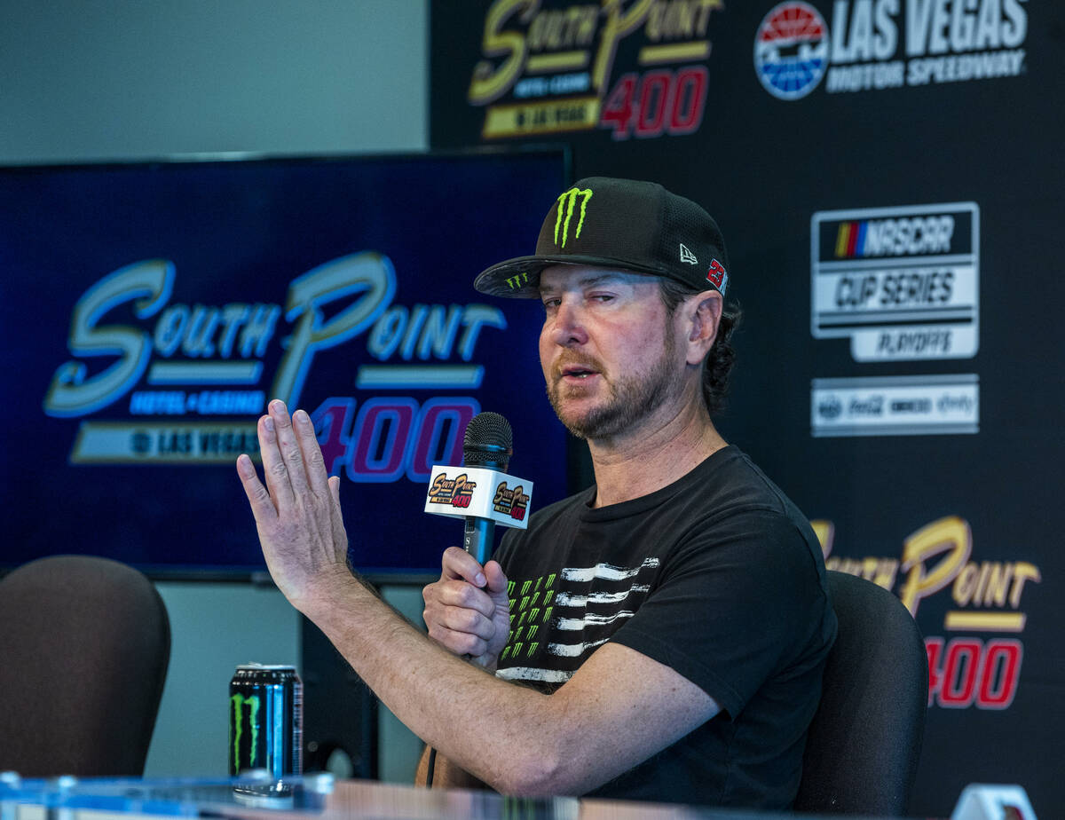 Kurt Busch talks about his physical limitations as he addresses the media during a news confere ...
