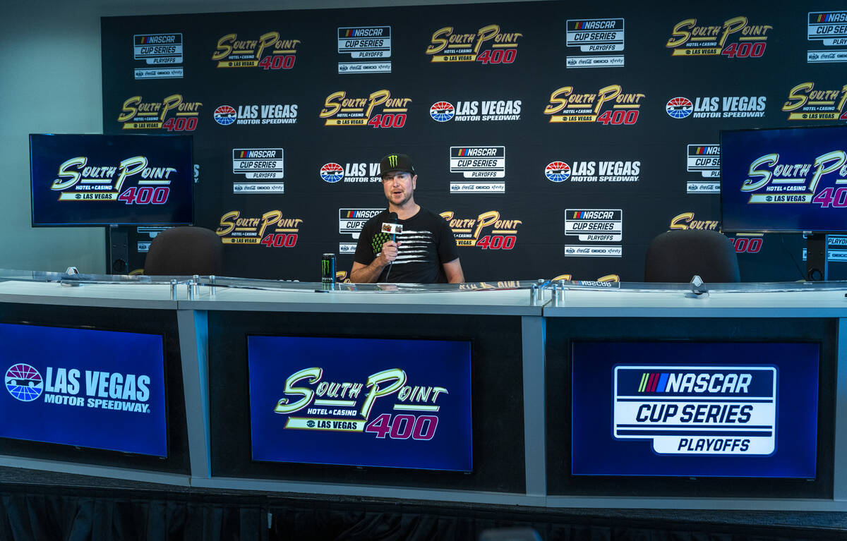 Kurt Busch addresses the media during a news conference prior to the Alsco Uniforms 302 NASCAR ...