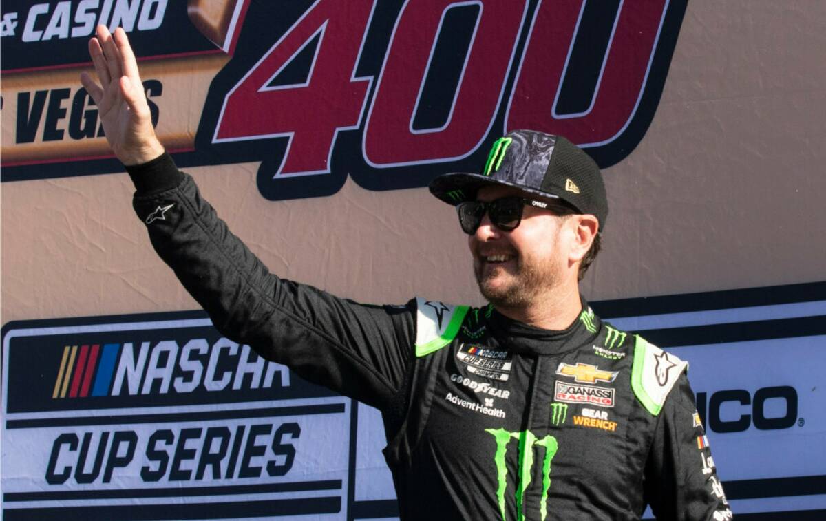 Kurt Busch (1) waves to the crowed as he was introduced during the 4th Annual South Point 400 r ...