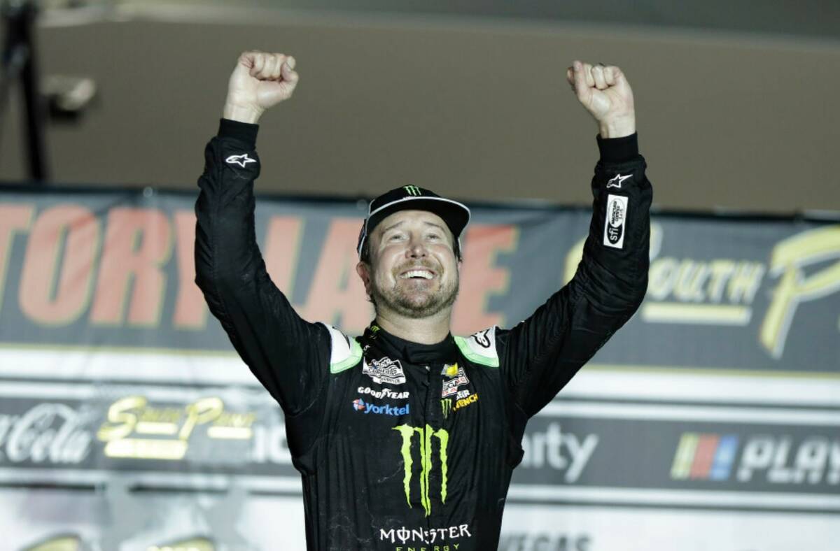 Kurt Busch celebrates after winning a NASCAR Cup Series auto race Sunday, Sept. 27, 2020, in La ...