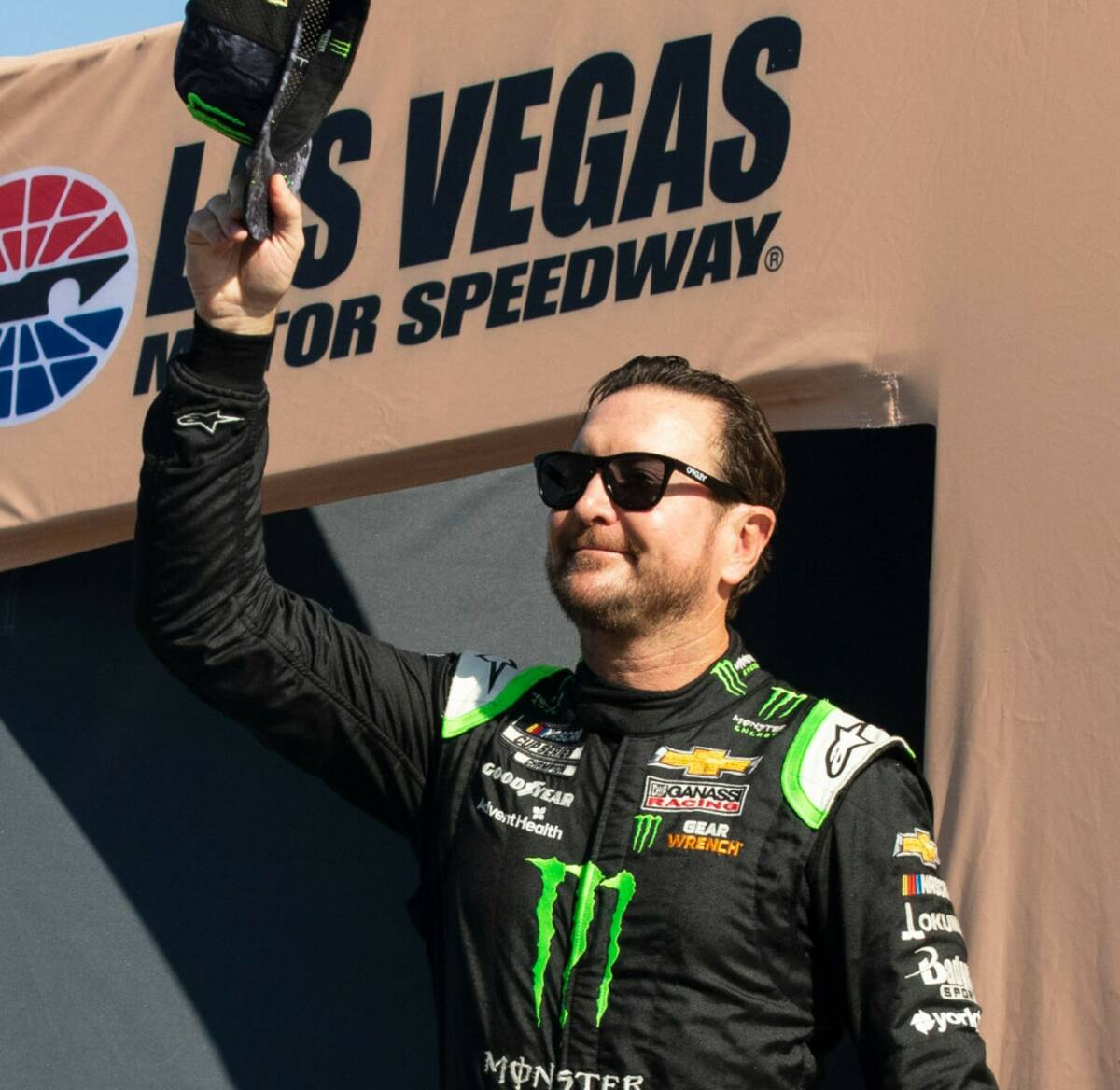 Kurt Busch (1) waves to the crowed as he was introduced during the 4th Annual South Point 400 r ...