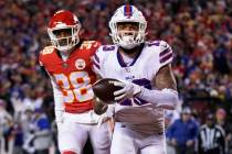 Buffalo Bills wide receiver Gabriel Davis (13) catches a 19-yard touchdown pass ahead of Kansas ...