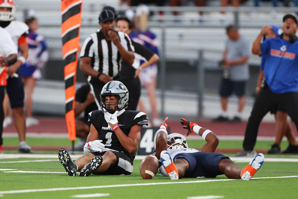 Bishop Gorman's Maika Eugenio (5) reacts after getting called for pass interference against Pal ...