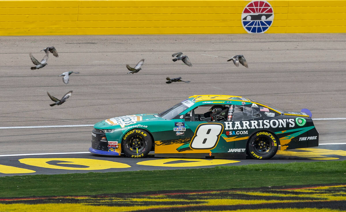 Josh Berry begins a burn out as birds fly by after winning the Alsco Uniforms 302 NASCAR Xfinit ...