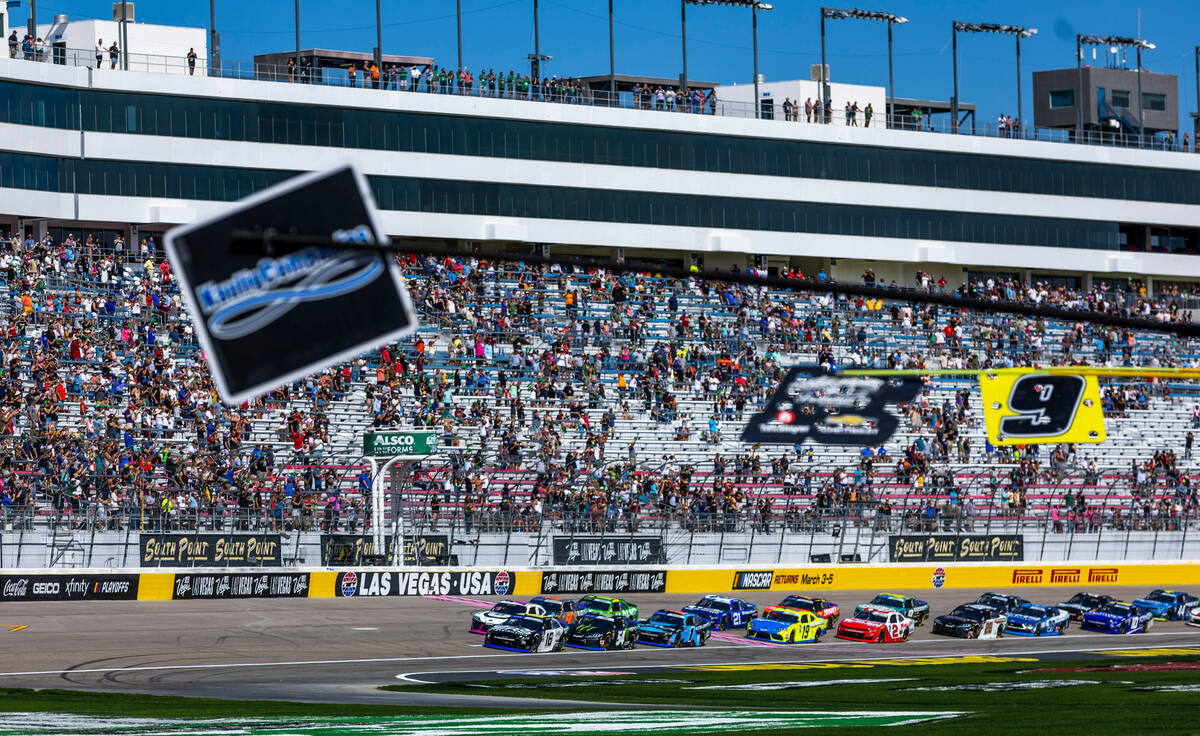 Cars start during the Alsco Uniforms 302 NASCAR Xfinity Series Playoff Race at the Las Vegas Mo ...