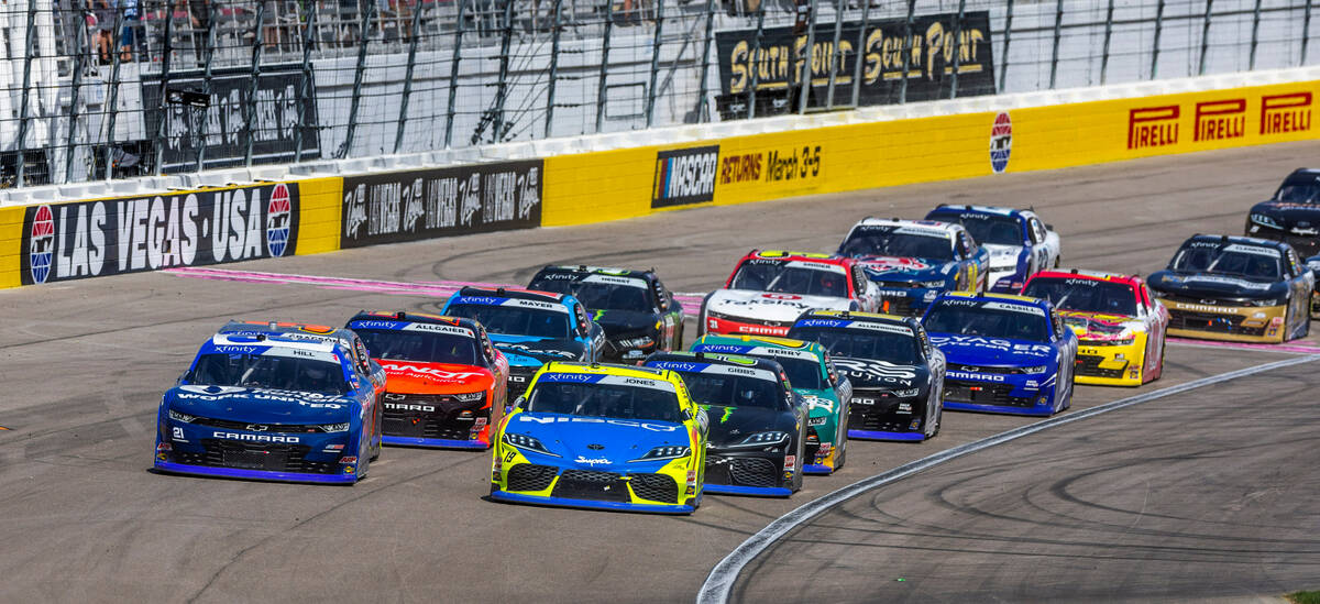 Cars start another stage during the Alsco Uniforms 302 NASCAR Xfinity Series Playoff Race at th ...