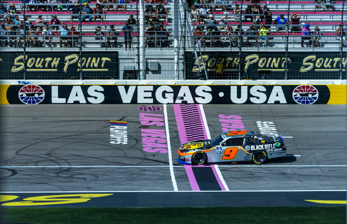 Noah Gragson (9) crosses the start/finish line during the Alsco Uniforms 302 NASCAR Xfinity Ser ...