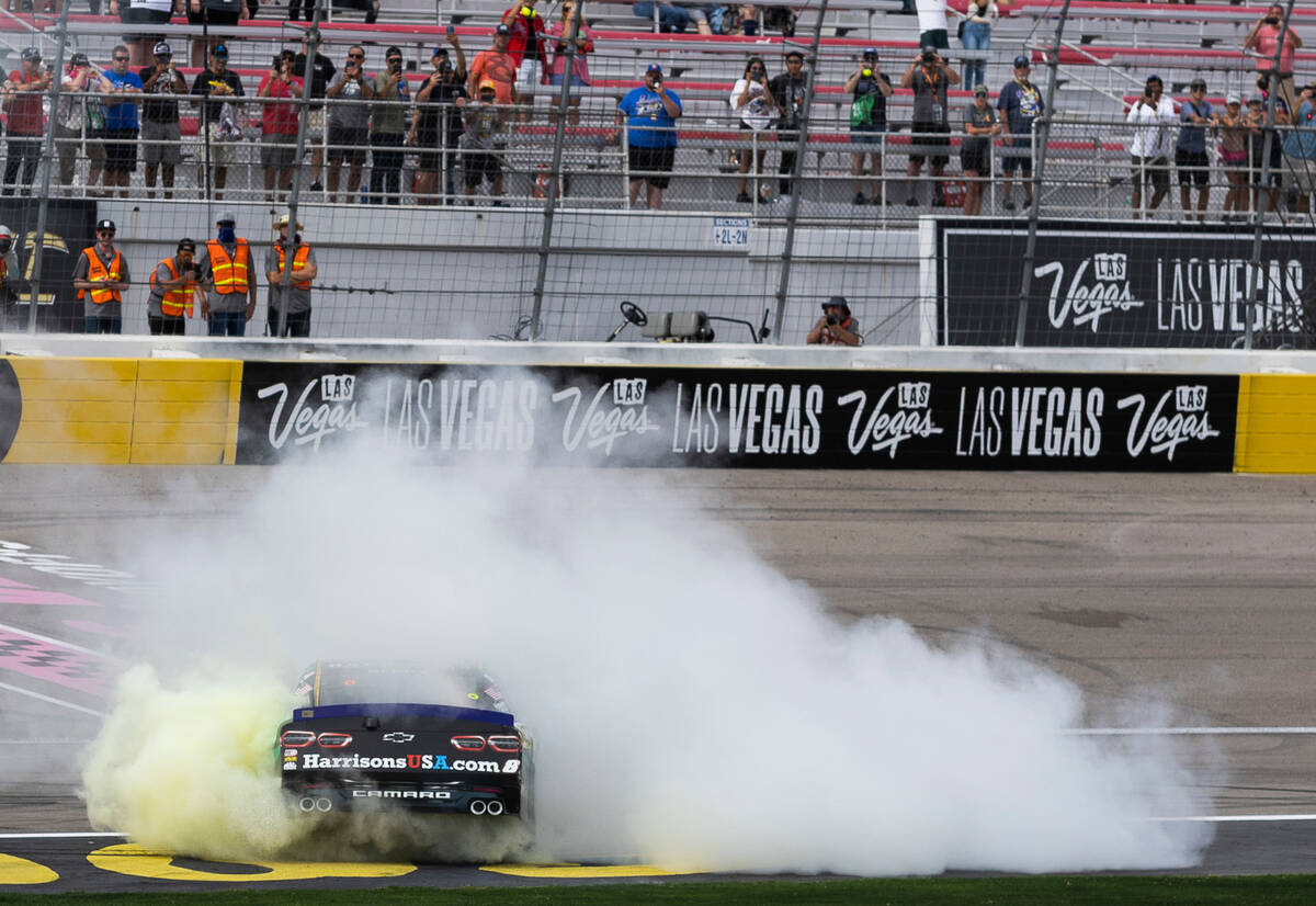 Josh Berry begins a burn out after winning the Alsco Uniforms 302 NASCAR Xfinity Series Playoff ...