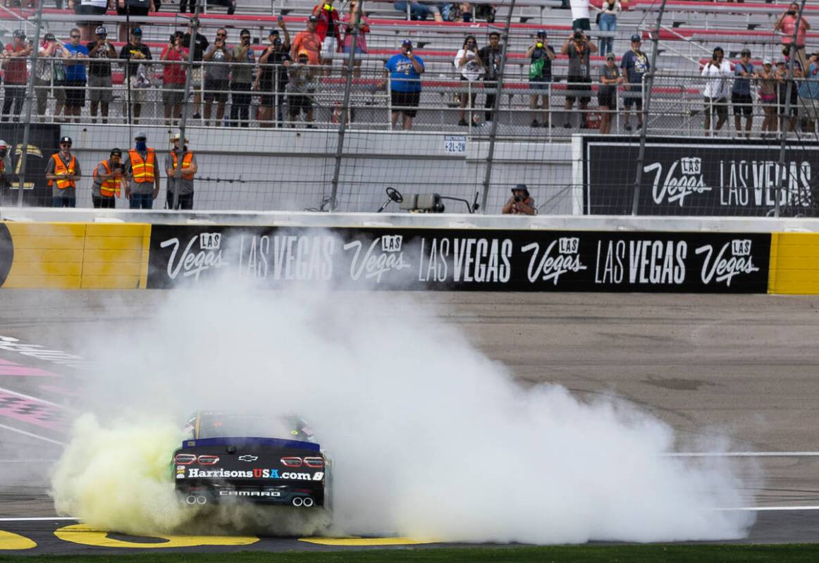 Josh Berry begins a burn out after winning the Alsco Uniforms 302 NASCAR Xfinity Series Playoff ...