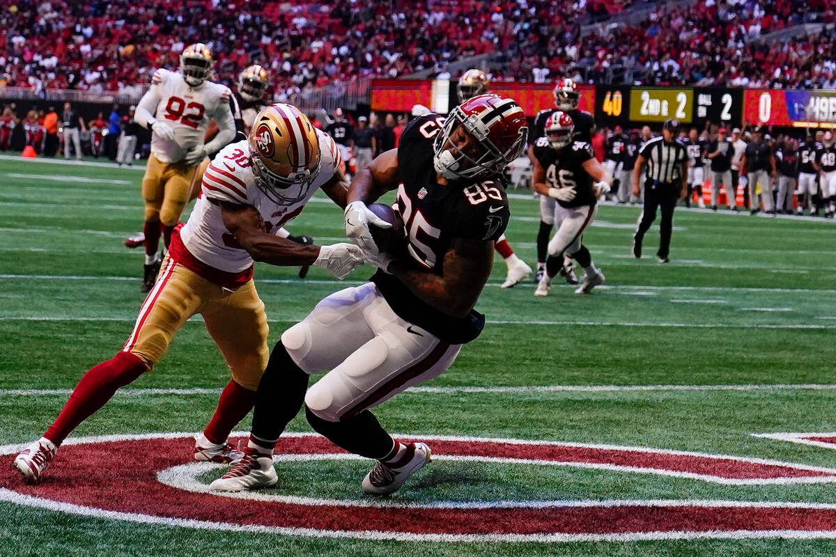 Atlanta Falcons tight end MyCole Pruitt (85) makes a touchdown catch against San Francisco 49er ...