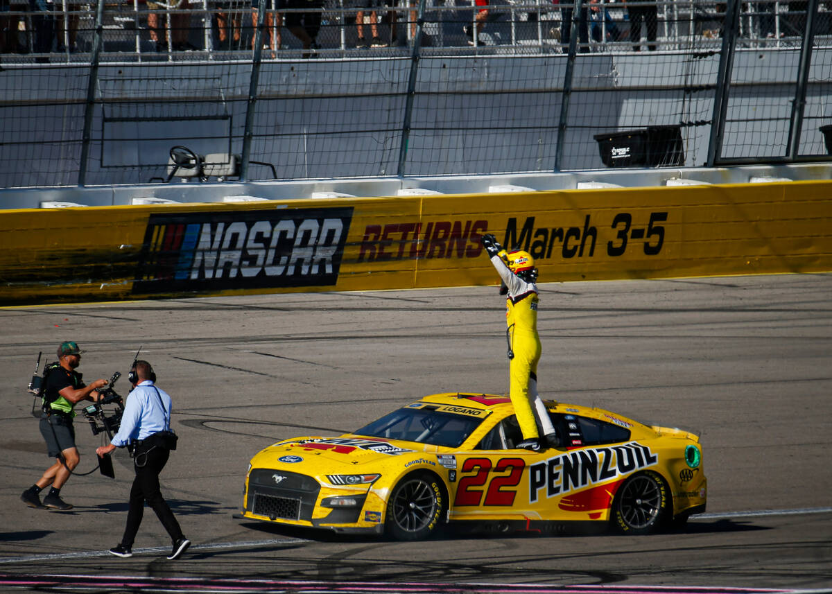 NASCAR Cup Series driver Joey Logano celebrates after winning the South Point 400 NASCAR Cup Se ...
