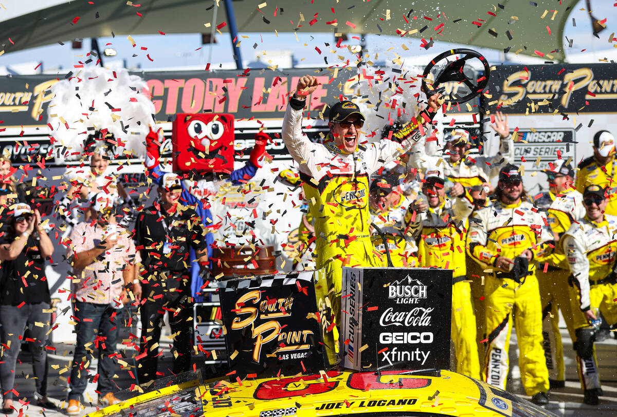 Joey Logano celebrates after the NASCAR Cup Series playoff race at Las Vegas Motor Speedway on ...