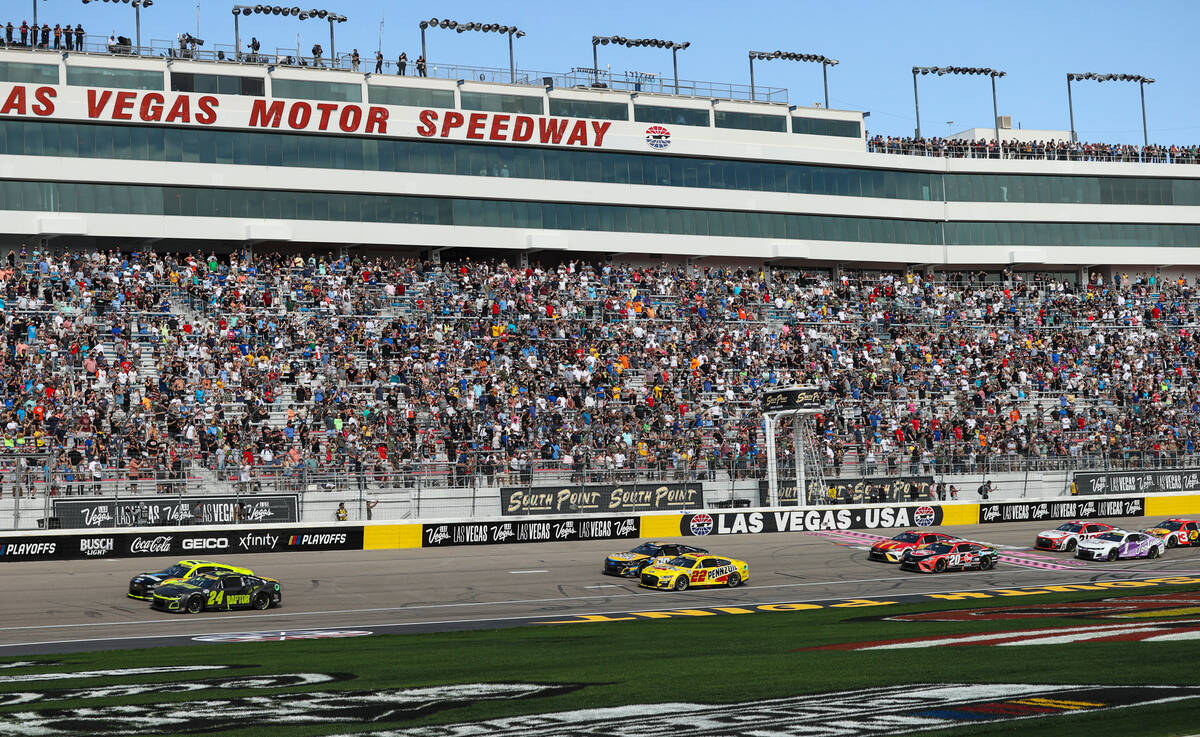 Cars round the track just before the start of the South Point 400 NASCAR Cup Series playoff rac ...