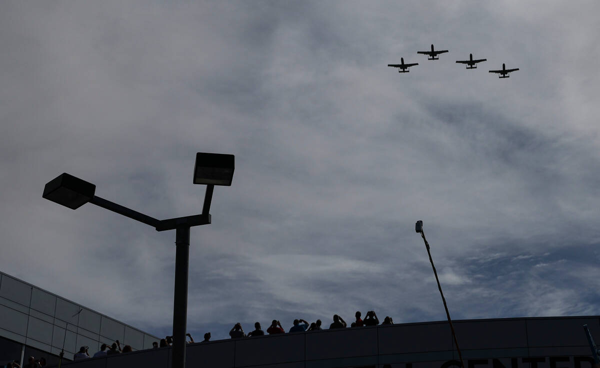U.S. Air Force A-10s fly over at the conclusion of the national anthem at the South Point 400 N ...