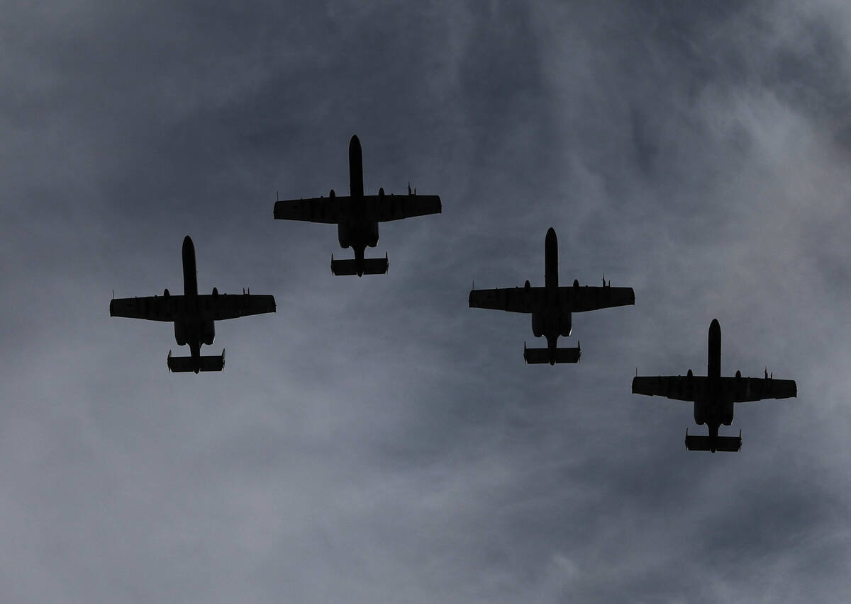 U.S. Air Force A-10s fly over at the conclusion of the national anthem at the South Point 400 N ...