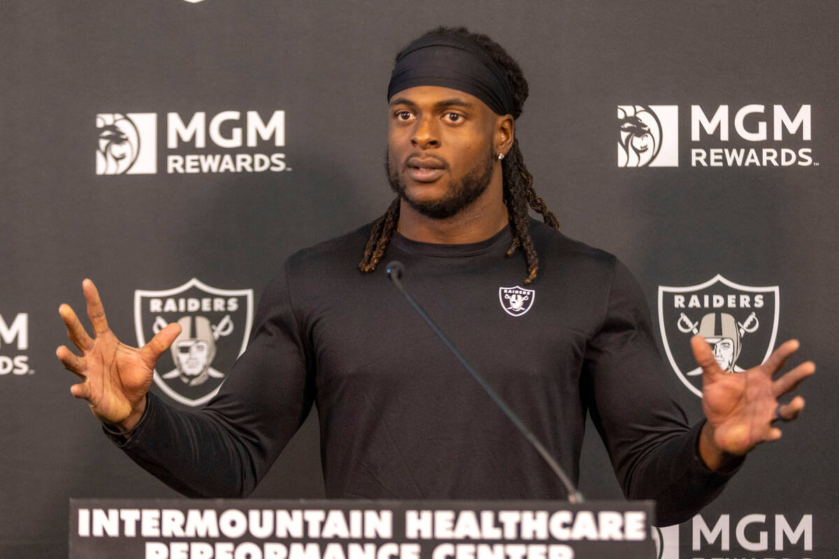 Raiders wide receiver Davante Adams speaks during a news conference at the Intermountain Health ...