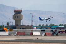 A plane comes in for a landing at the North Las Vegas Airport on Monday, Aug. 8, 2022. (L.E. Ba ...