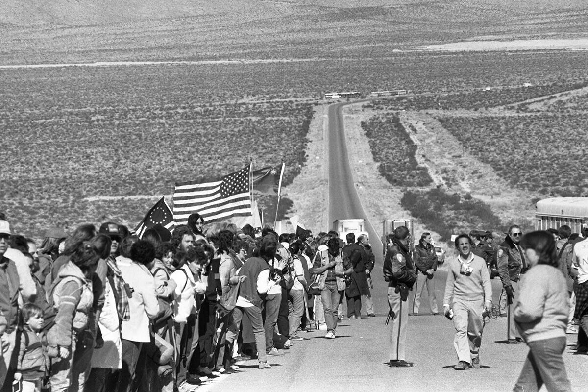 More than 1,500 protestors demonstrating against nuclear testing including members of the Ameri ...