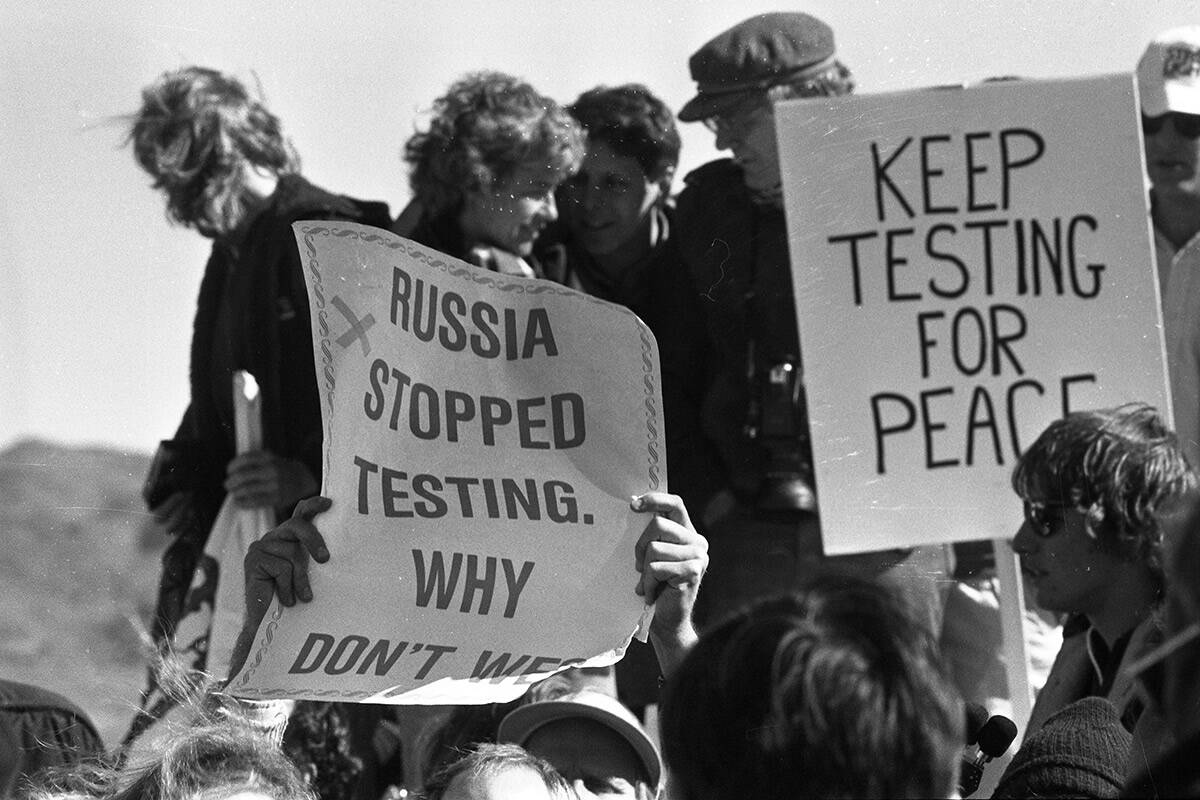 More than 1,500 protestors demonstrating against nuclear testing including members of the Ameri ...