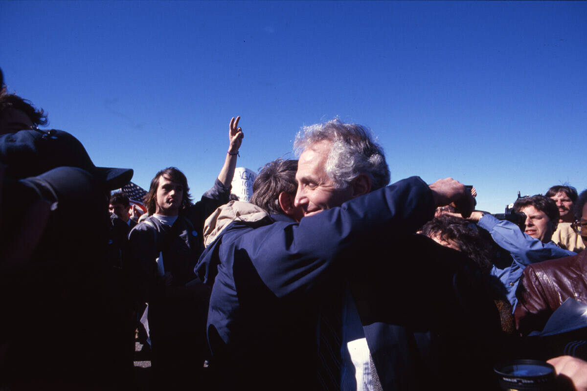 Actor and singer Kris Kristofferson (left, grey beard) and actor Martin Sheen (left, dark blue ...