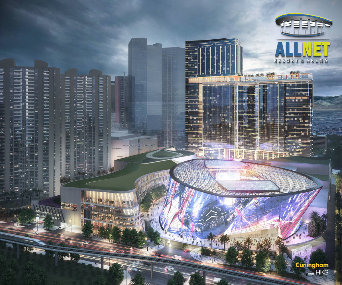 An artist's rendering of ex-NBA player Jackie Robinson's proposed arena and hotel project on th ...