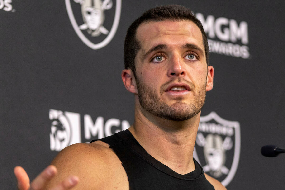 Raiders quarterback Derek Carr speaks during a news conference at the Intermountain Healthcare ...