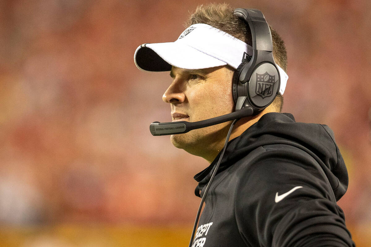 Raiders head coach Josh McDaniels looks on from the sideline during the second half of an NFL g ...