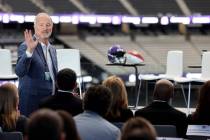 Las Vegas Convention and Visitors Authority President Steve Hill is acknowledged during a news ...