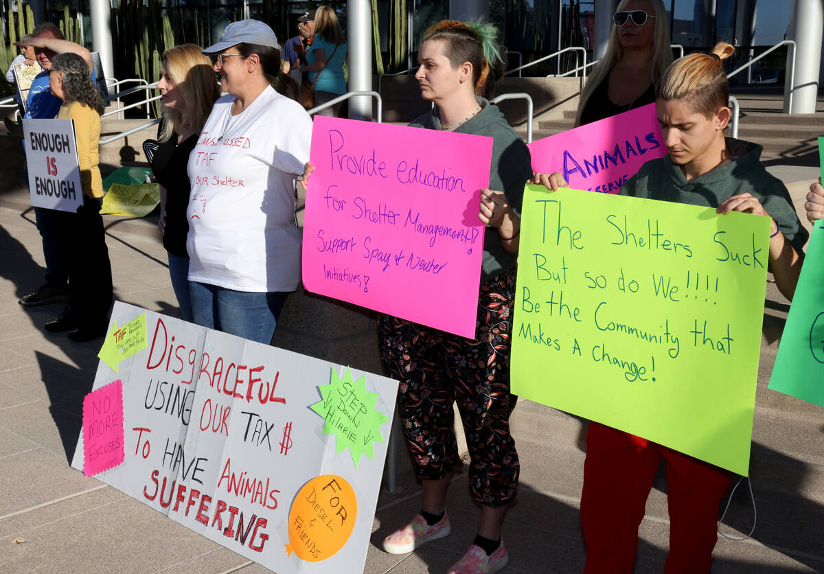 Protesters of The Animal Foundation shelter, including from right, Kayden Reichenbach, Cheyane ...
