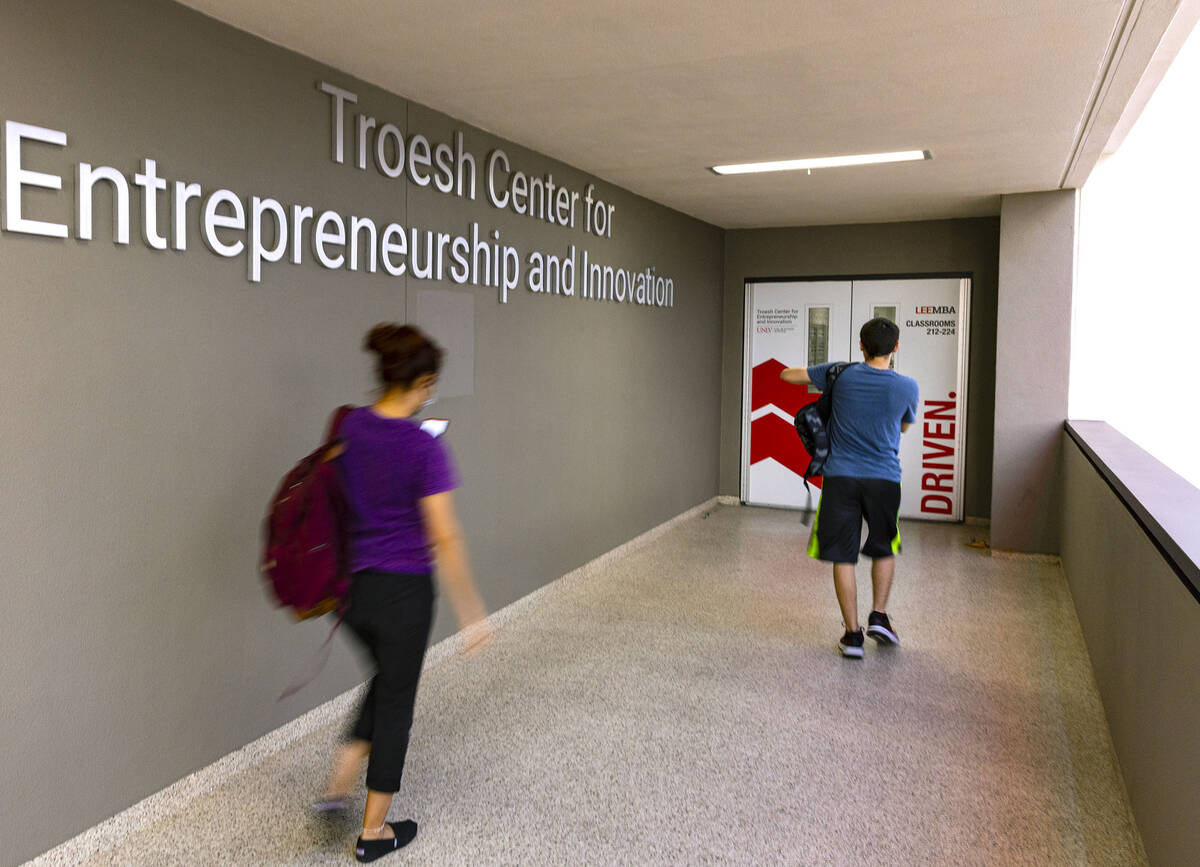 Students arrive at Troesh Center for Entrepreneurship and Innovation at UNLV Frank and Estella ...