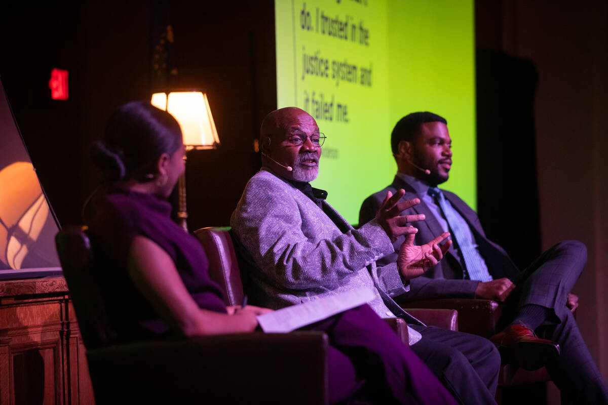 Marvin Anderson, center, 58, speaks on a panel about his experience of being wrongfully convict ...