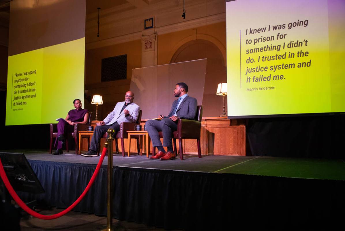 Marvin Anderson, center, 58, speaks on a panel about his experience of being wrongfully convict ...
