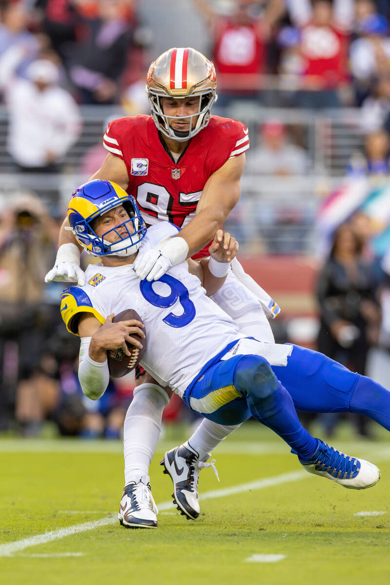 Defensive lineman (97) Nick Bosa of the San Francisco 49ers sacks quarterback (9) Matthew Staff ...