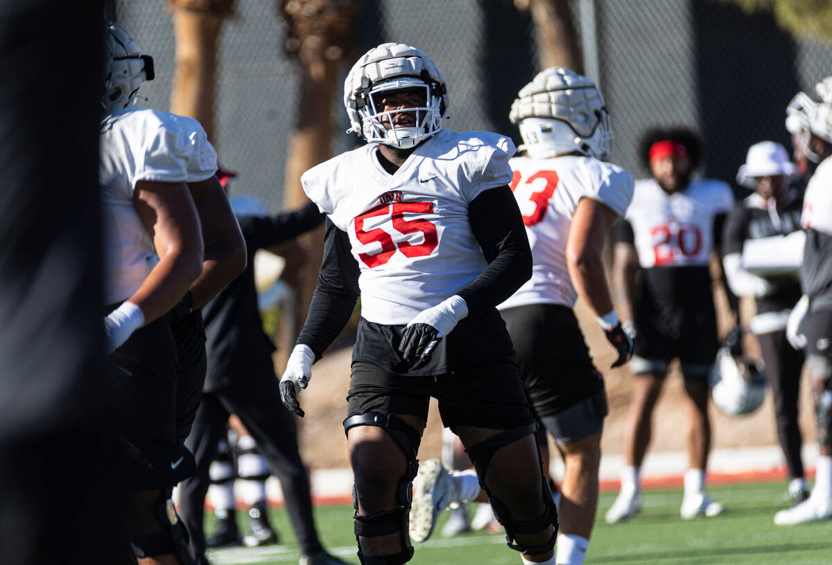 UNLV offensive linemen Preston Nichols looks on during football practice on Wednesday, Oct. 19, ...