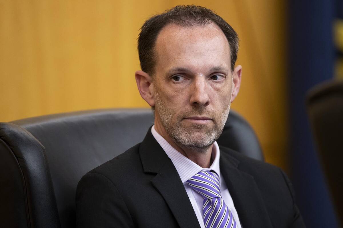 FILE - Clark County Commissioner Justin Jones participates during a Clark County Board of Commi ...
