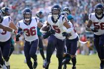 Houston Texans safety Jalen Pitre (5) reacts to a play during the first half of an NFL football ...