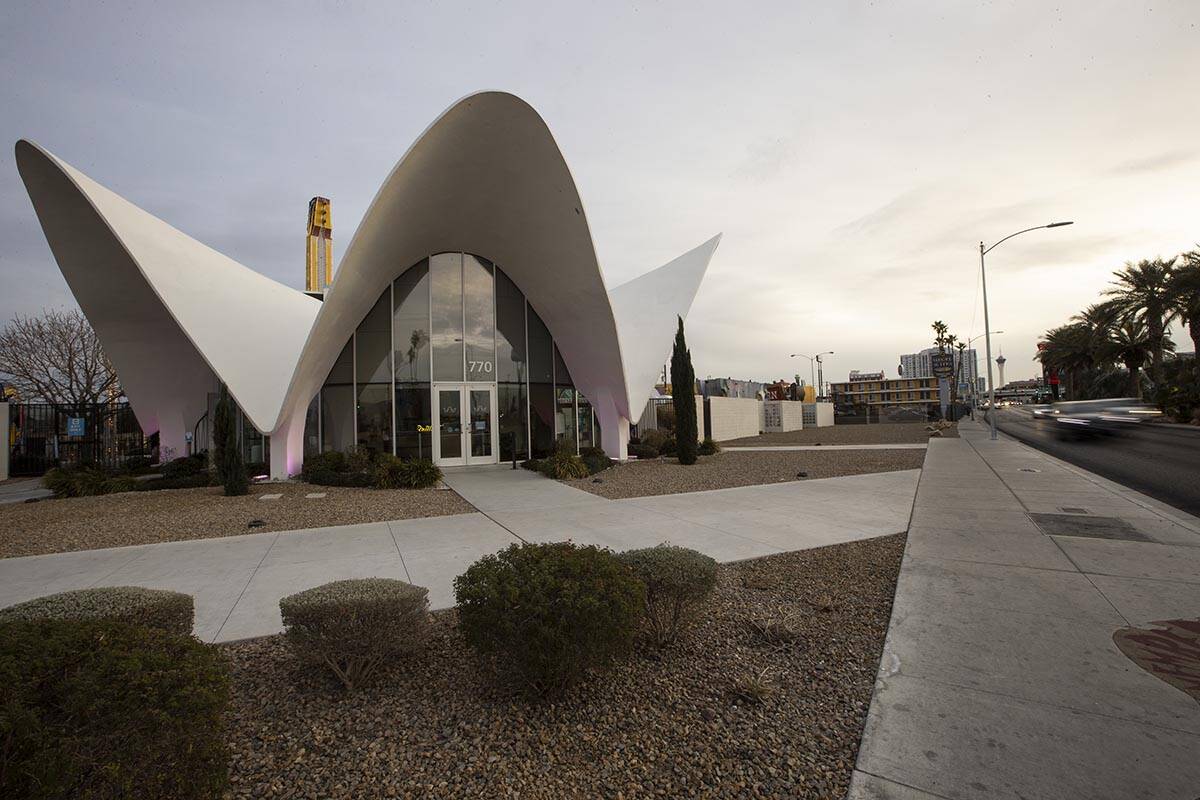 The exterior of the The Neon Museum, formerly the La Concha hotel lobby, in Las Vegas, on Tuesd ...
