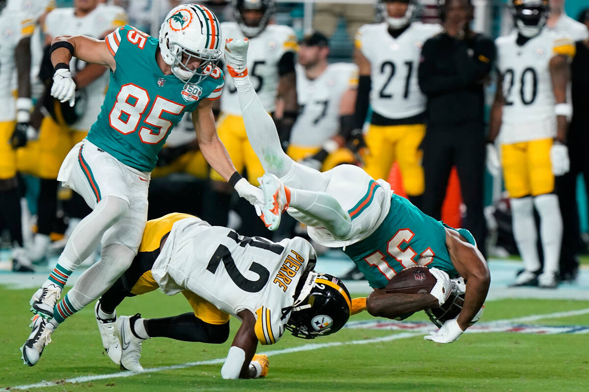 Pittsburgh Steelers cornerback James Pierre (42) upends Miami Dolphins running back Raheem Most ...