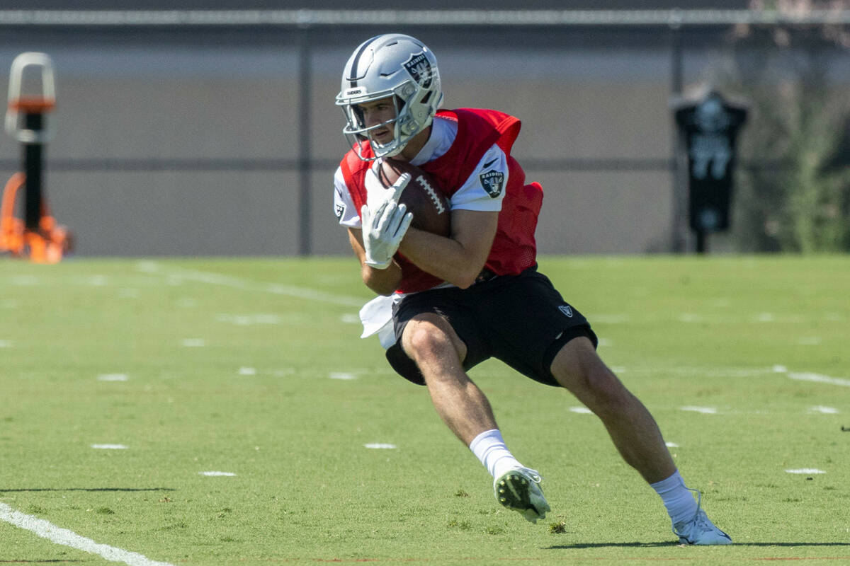 Raiders wide receiver Hunter Renfrow (13) makes a catch during practice at the Intermountain He ...