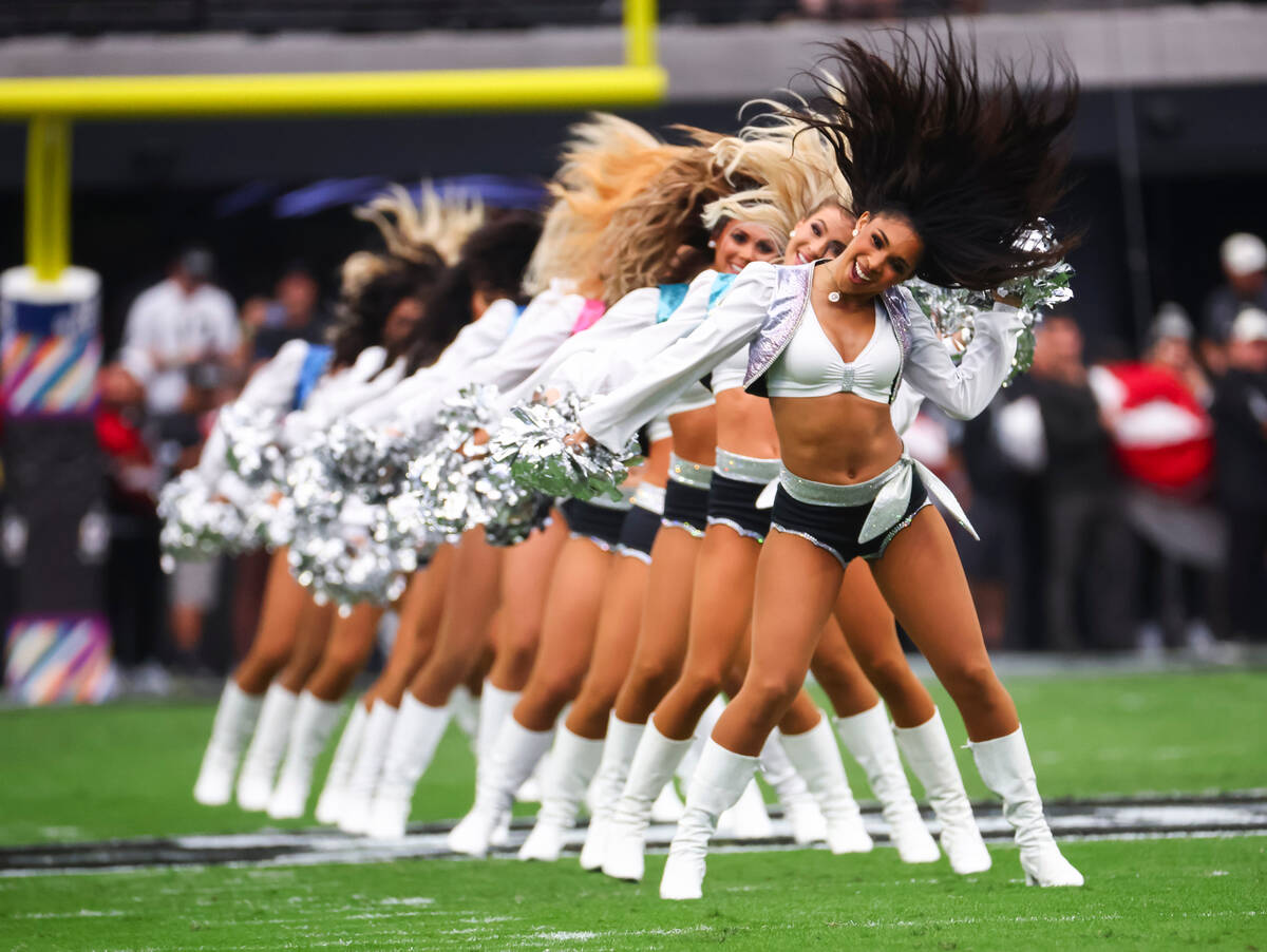 The Raiderettes perform during the first half of an NFL game at Allegiant Stadium on Sunday, Oc ...
